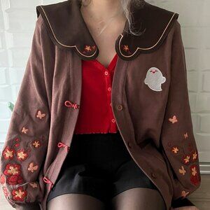 Genshin Impact Hu Tao Dark Brown Embroidered Button Up Cardigan cute jfashion
